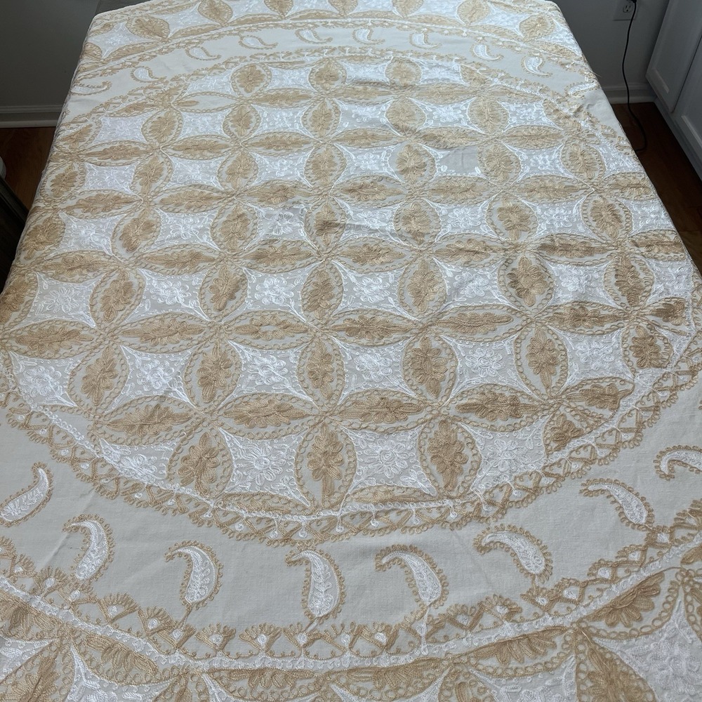 Vintage Aghabani Embroidered Orientalist Cotton Silk Tablecloth + 10 Napkins